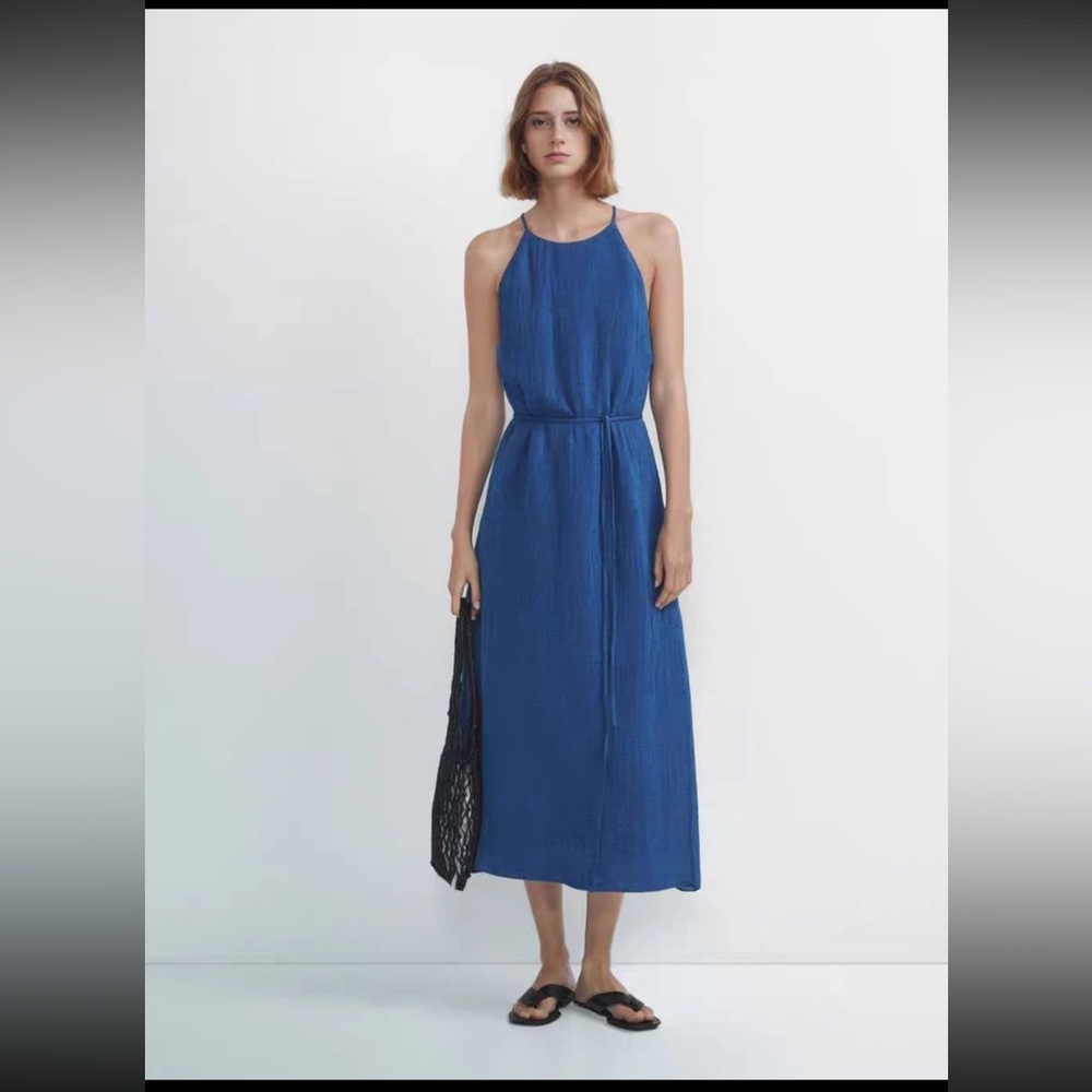 Massimo Dutti linen blend halter maxi dress sz xs